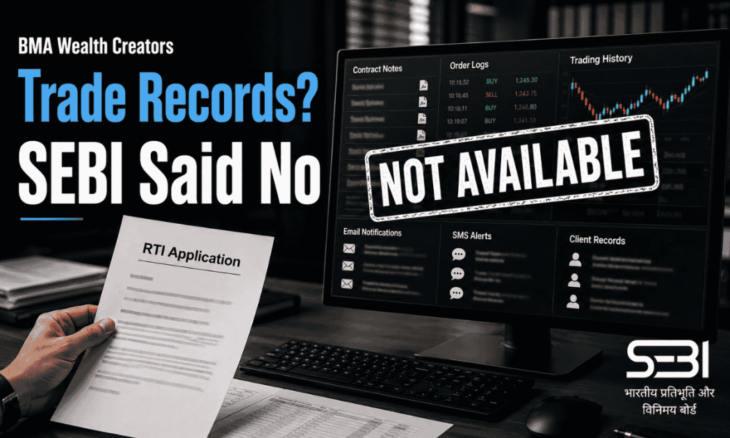 SEBI RTI rejection graphic showing trade records document stamped not available