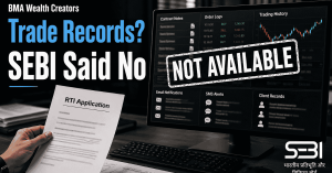 SEBI RTI rejection graphic showing trade records document stamped not available