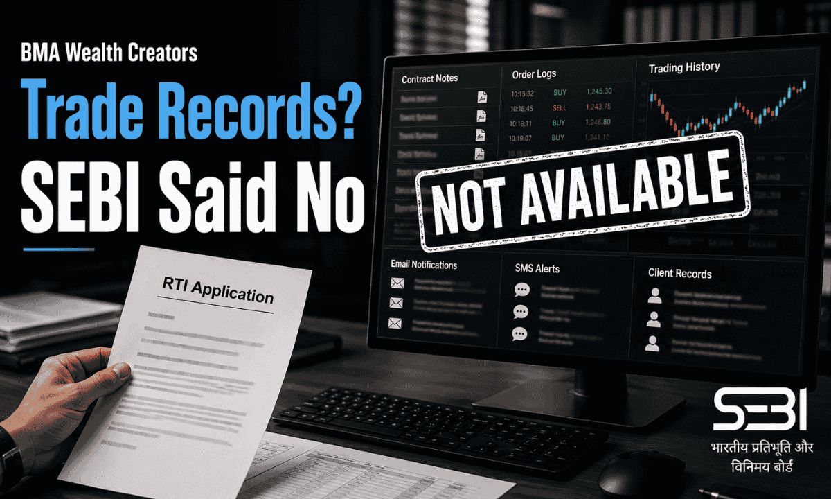 SEBI RTI rejection graphic showing trade records document stamped not available