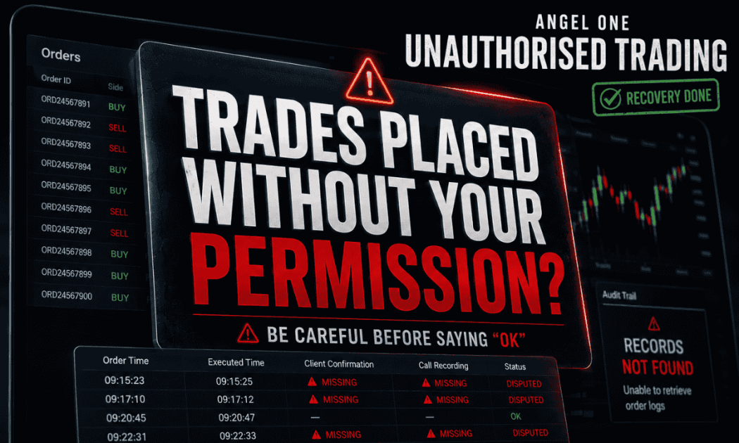 Featured image showing text Trades Placed Without Your Permission with a warning icon for Angel One unauthorised trading arbitration recovery guide