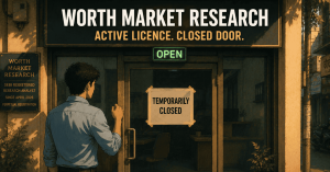 Worth Market Research with active licence text above a temporarily closed status on google