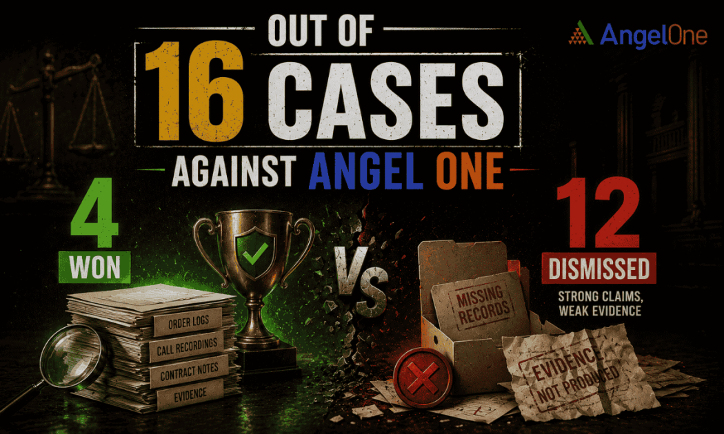 Angel One arbitration cases showing a statistics summary of 4 wins, 12 dismissals, and refund data records.