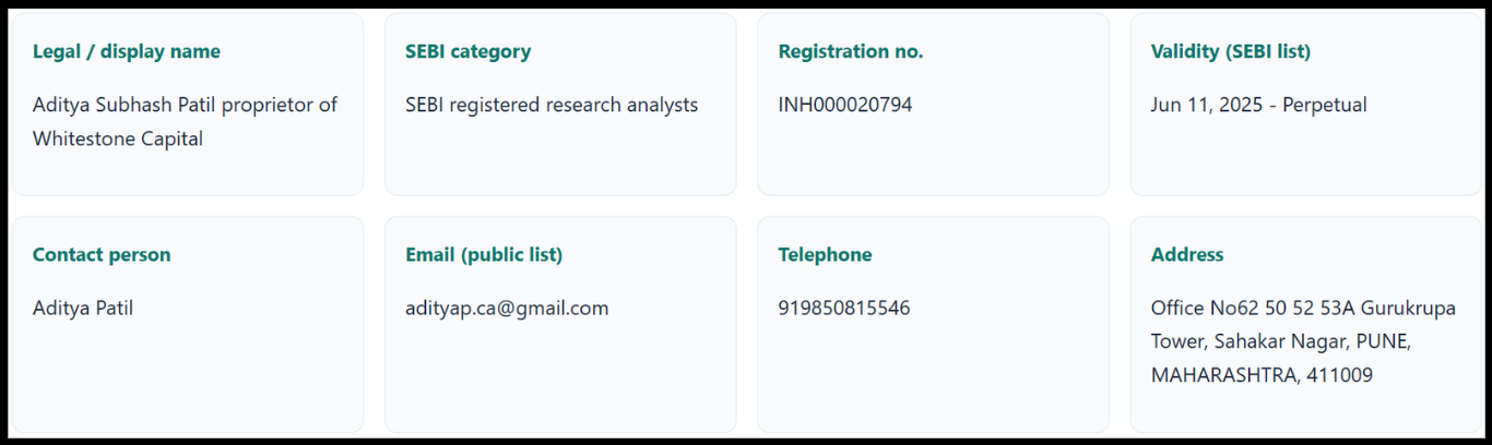 Whitestone Capital SEBI Research Analyst Registration INH000020794 Details