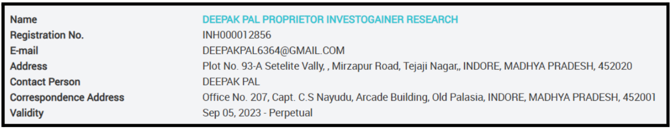 deepak pal sebi registration