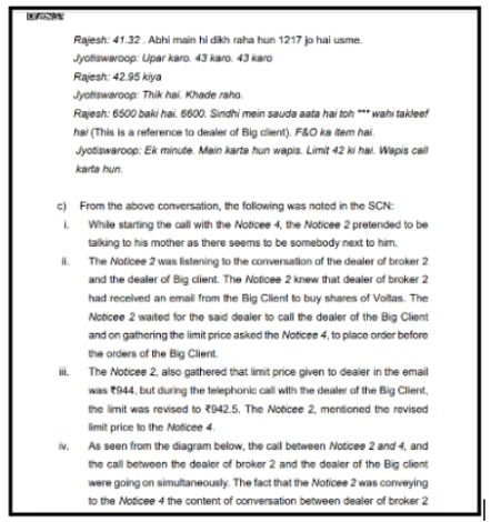 SEBI order call transcript detailing live stock prices and trades in the Madhav Stock Vision front running scheme.