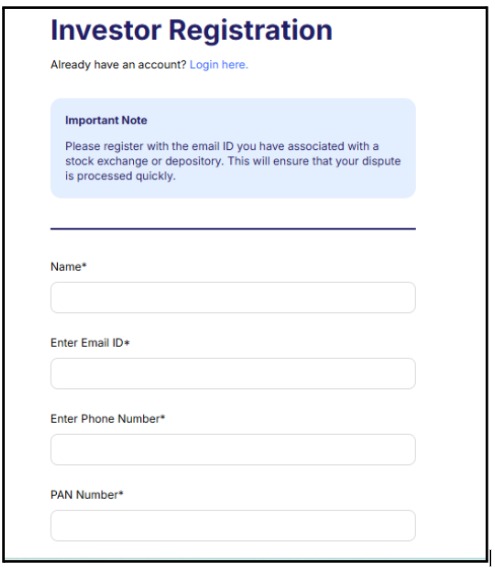 SMART ODR registration form page on the official portal showing investor registration fields