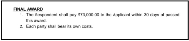 arbitration award document directing Falconphase Investment Advisory to pay 73000 rupees to the investor.