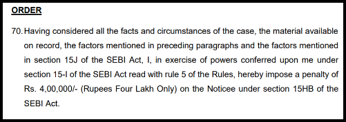 Excerpt from the SEBI order against Eastern Financiers Limited imposing a ₹4 lakh penalty and a 45-day payment deadline.