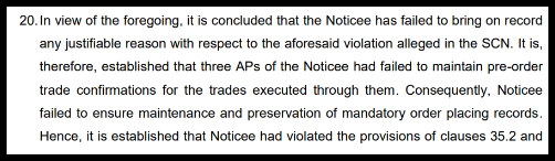 Excerpt from the SEBI order concluding that Eastern Financiers' three authorized persons failed to maintain pre-order trade records.