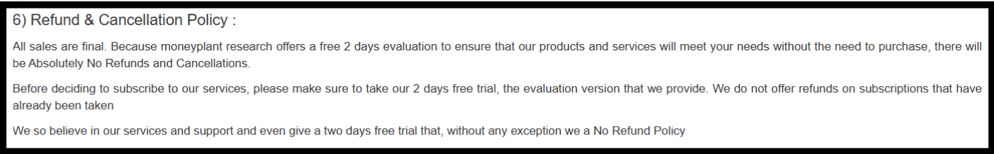 moneyplant research two day free trial no refund policy terms of use