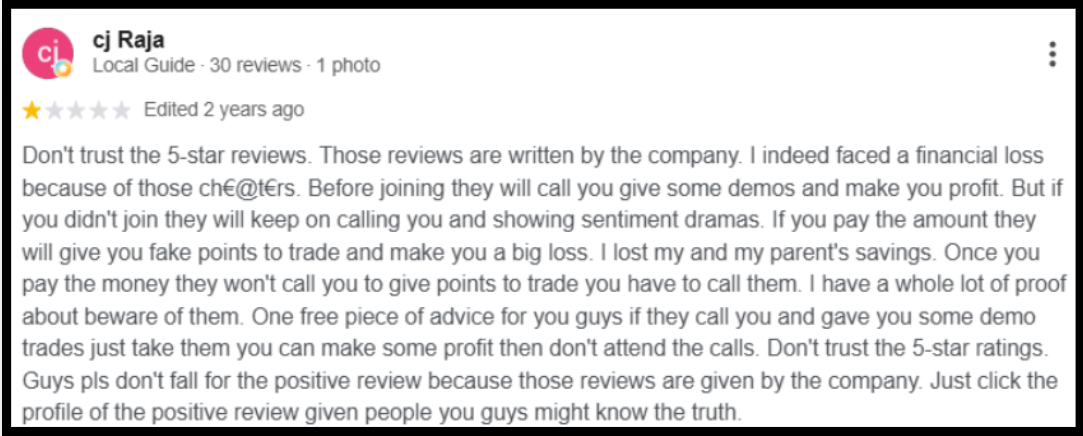 Moneyplant Research Google review alleging demo trades built to show only profits