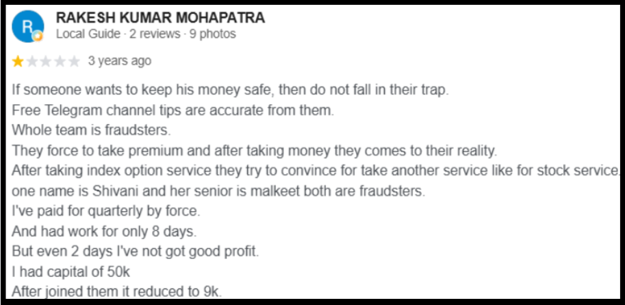 Moneyplant Research Google review describing capital falling from Rs 50,000 to Rs 9,000 in eight days
