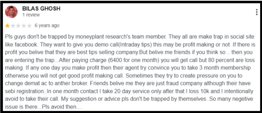 Moneyplant Research Google review describing pressure to move a demat account to another broker