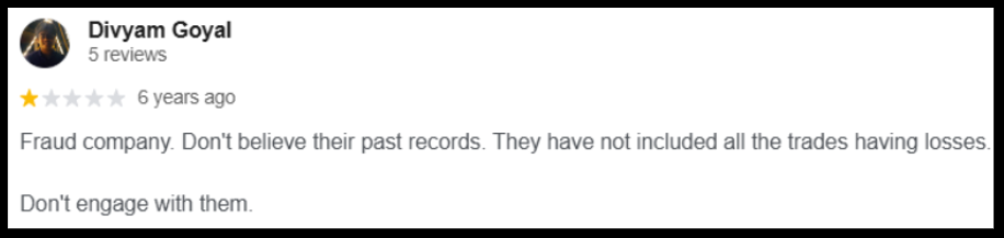 Moneyplant Research Google review describing a track record that left out losing trades