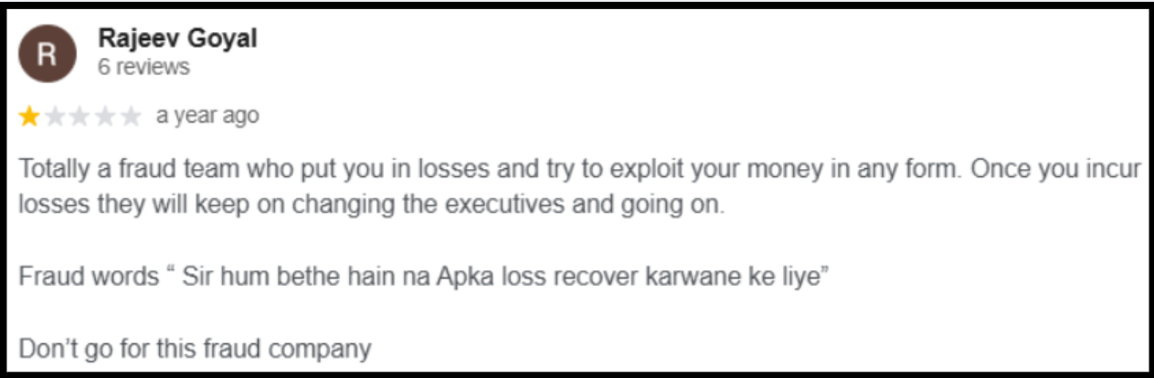 Moneyplant Research Google review describing a loss recovery promise