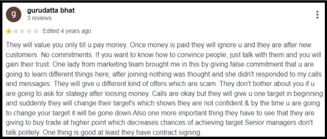 Moneyplant Research Google review describing sales promises that stopped after payment