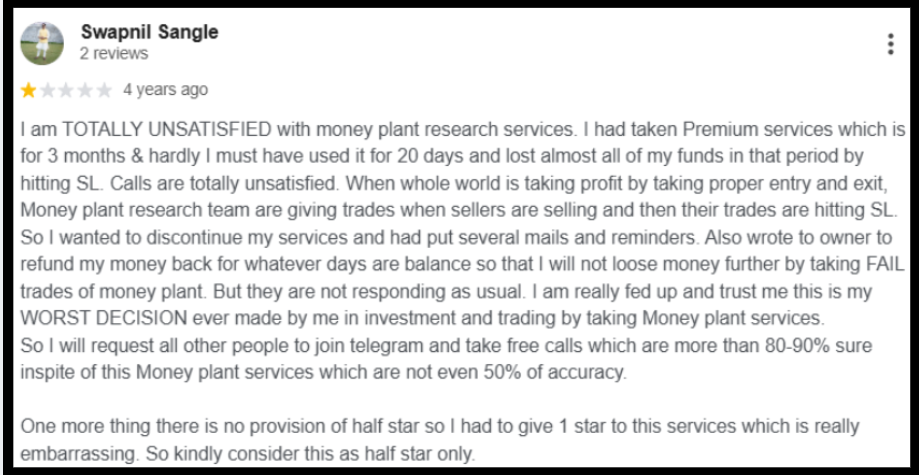 Moneyplant Research Google review describing an unanswered refund request