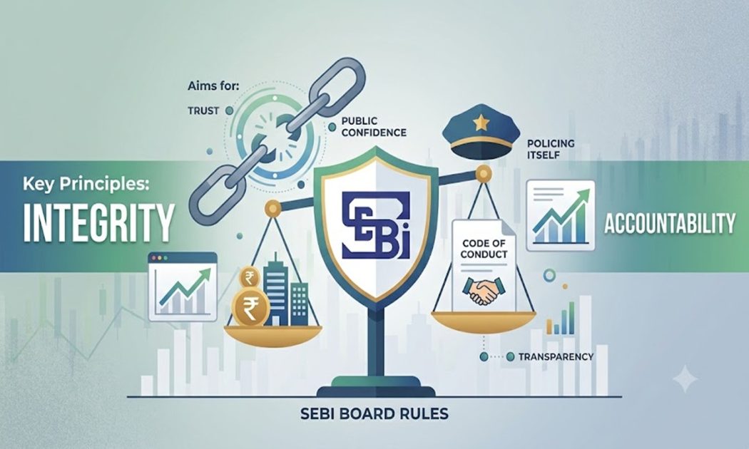 Vector illustration showing key principles of the SEBI Code of Conduct for Board Members, featuring a central shield with the SEBI logo, a balance scale with rupee coins and corporate buildings, a "Code of Conduct" document with a handshake, and symbols for trust, transparency, integrity, and accountability against a teal and light gray background.