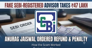 Banner with SEBI logo announcing the ₹47 lakh refund and penalty order against fake SEBI registered advisor Anurag Jaiswal.