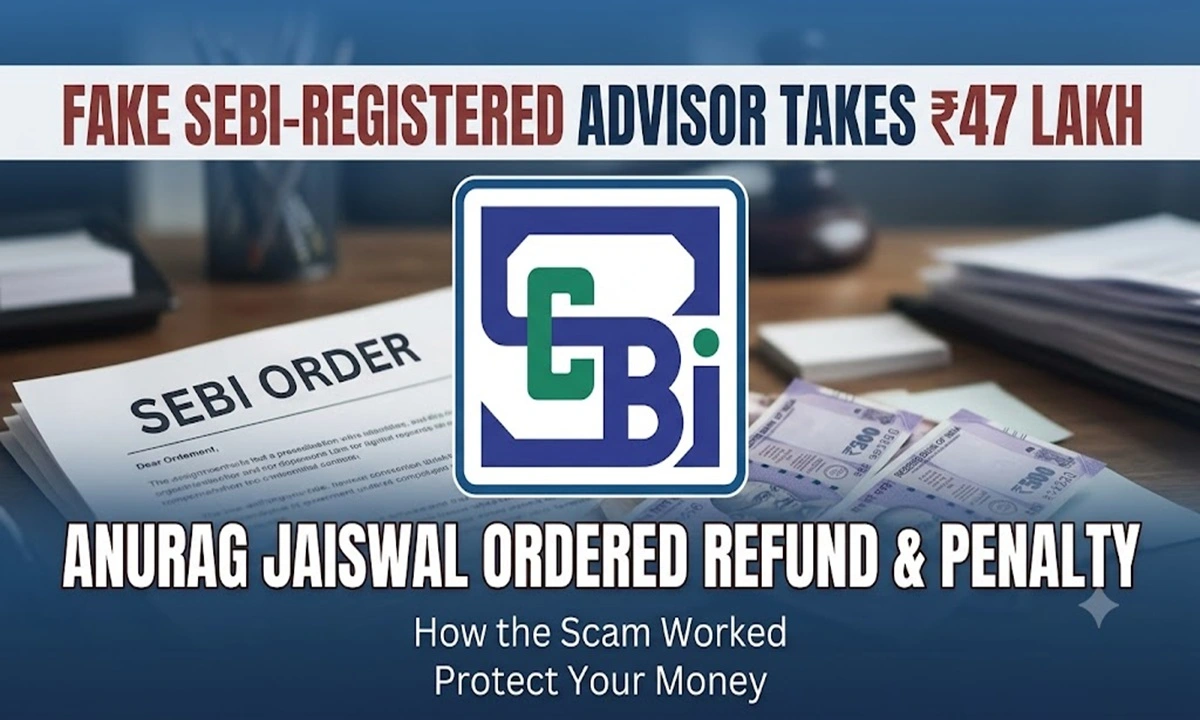 Banner with SEBI logo announcing the ₹47 lakh refund and penalty order against fake SEBI registered advisor Anurag Jaiswal.