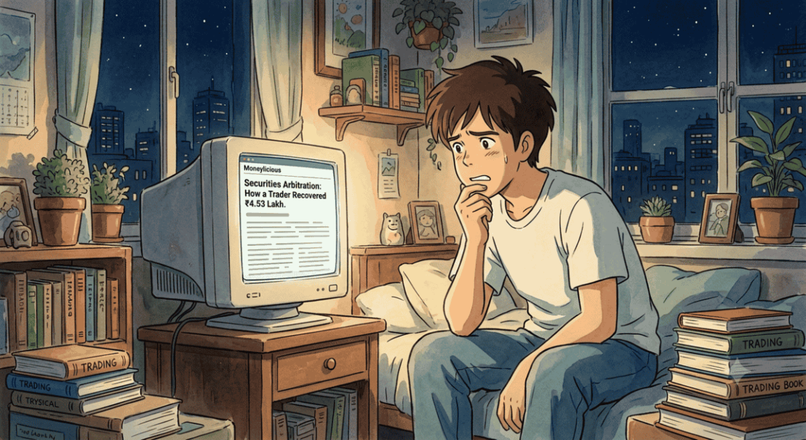 Studio Ghibli style illustration of a worried young trader staring at a computer screen displaying the headline "Moneylicious Securities Arbitration: How a Trader Recovered ₹4.53 Lakh".