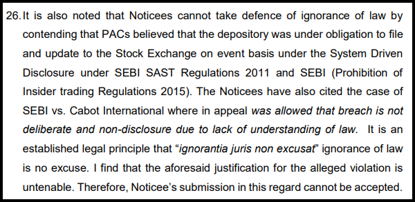 Text paragraph explaining SEBI's rejection of the noticees' ignorance-of-law defence citing legal precedent.