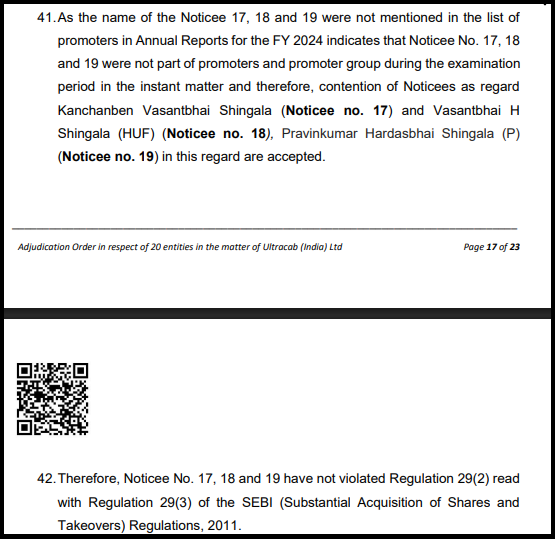 Text explaining why three noticees were cleared of SEBI SAST Regulation violations, with page footer and QR code visible.