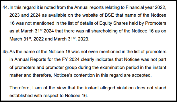 Text paragraph describing SEBI's finding that Noticee 16 was not part of the promoter group and had no shareholding violation.