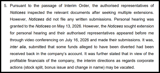 Noticees' personal hearing before SEBI on diverted IPO funds case