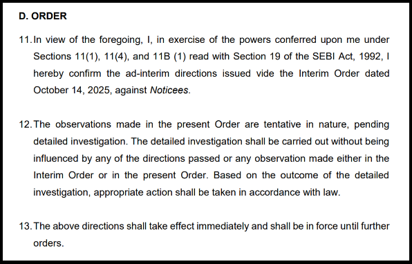 SEBI final order confirming ad-interim directions against Nirman Agri Genetics