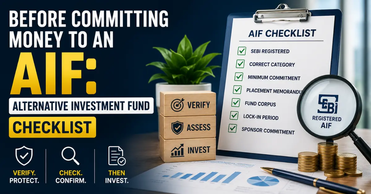 AIF verification checklist before investing showing SEBI registered Alternative Investment Fund, minimum commitment, placement memorandum and investment verification steps