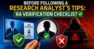 RA verification checklist showing a SEBI registered research analyst with a green verification symbol contrasted with an unverified suspicious analyst, warning signs, and falling stock market charts.