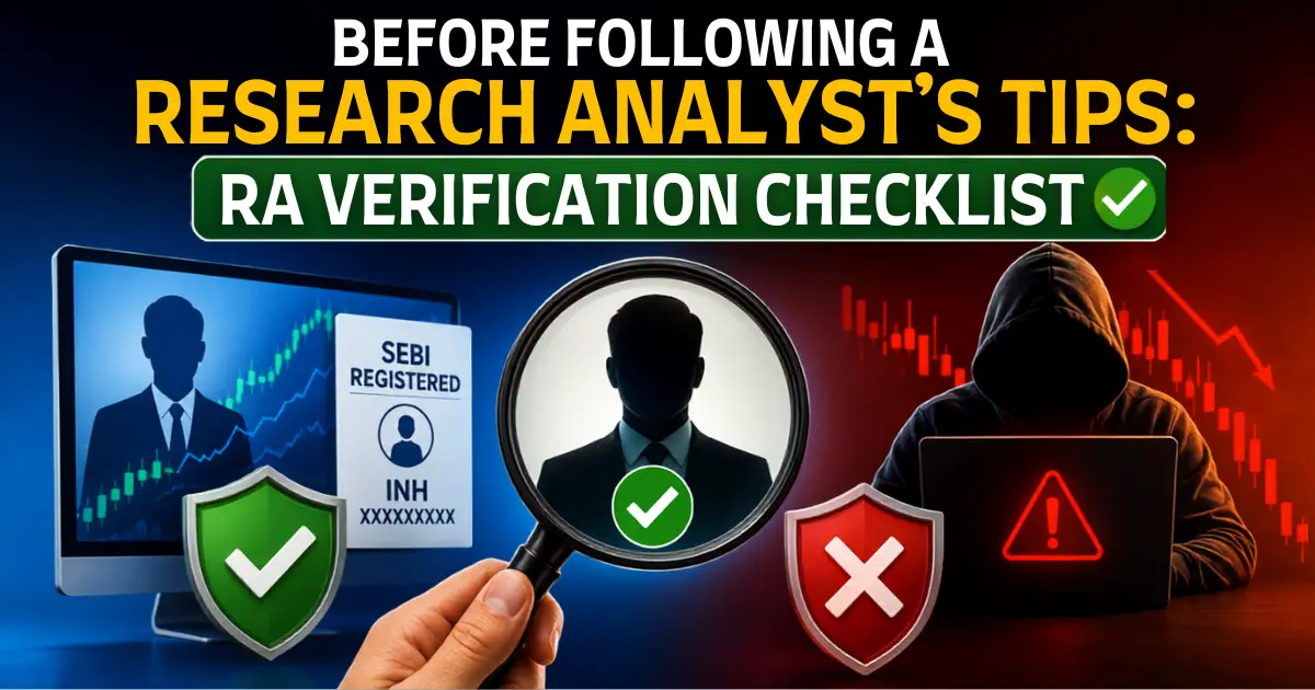 RA verification checklist showing a SEBI registered research analyst with a green verification symbol contrasted with an unverified suspicious analyst, warning signs, and falling stock market charts.