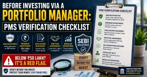 Portfolio Manager Verification Checklist India showing SEBI registration, ₹50 lakh minimum investment, PMS disclosure document, written agreement, no guaranteed returns and regular reporting