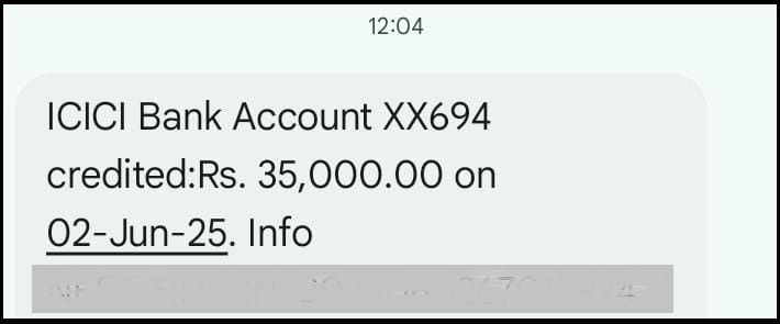 Bank SMS notification confirming a credit of ₹35,000 to bank account XX694 as part of advisory fee recovery.