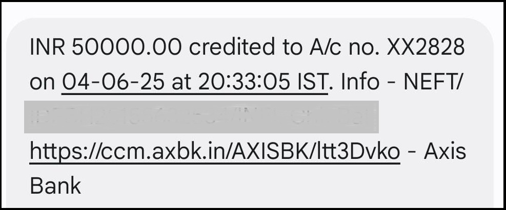 Bank SMS confirmation showing ₹50,000 credited to account as partial recovery from trading scam
