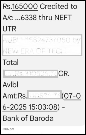 Bank of Baroda transaction statement showing 1,65,000 rupees credited via NEFT as proof of fund recovery.