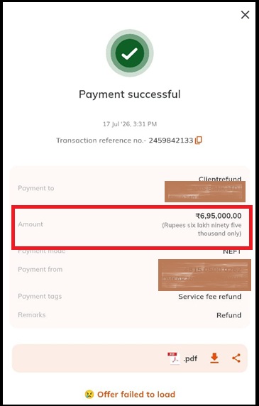 ₹6,95,000 Advisory Fee and Loss Recovery Payment Receipt Proof