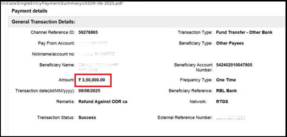 Document showing transaction details and bank transfer reference for the SEBI conciliation recovery