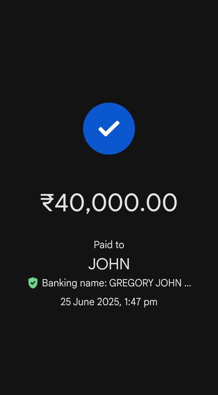 Payment confirmation screen showing a transaction of 40,000 rupees paid to Gregory John.