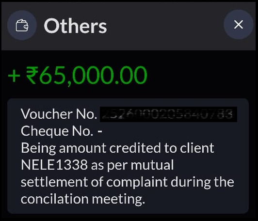 Bank credit voucher showing ₹65,000 refund settlement credited to client account following stock broker complaint