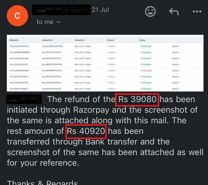 Email screenshot showing confirmation of ₹80,000 refund from a SEBI-registered research analyst