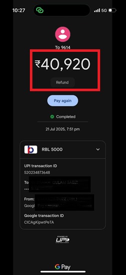 UPI payment transaction screenshot showing a completed refund of ₹40,920 to the client