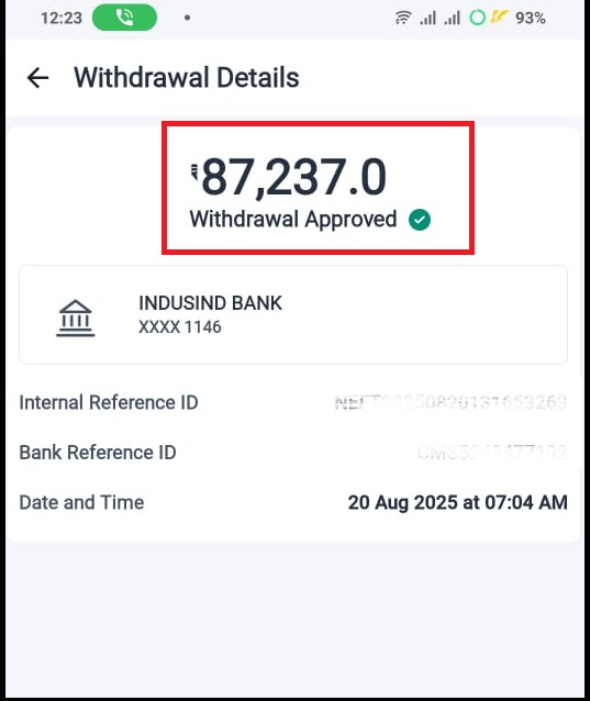 Proof of withdrawal details showing an amount of 87,237 rupees recovered for the client.