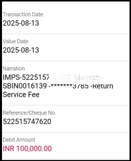Payment confirmation receipt showing a recovered amount of 1,00,000 rupees sent to the client