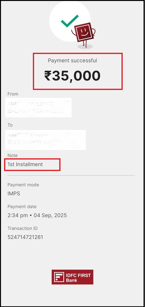 Proof of transaction showing a ₹35,000 refund payment installment received from a SEBI registered Research Analyst.