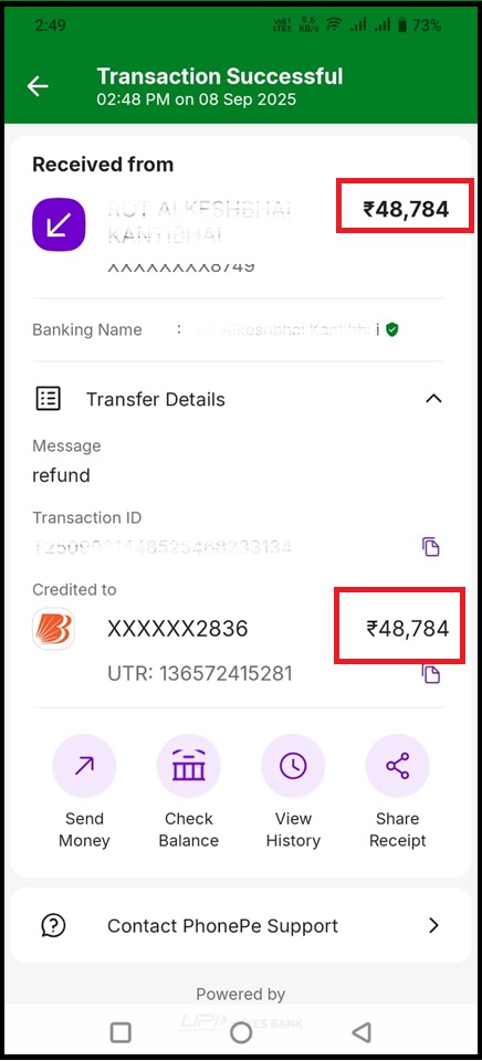 Bank transfer proof of ₹48,784 full refund secured by Fraud Free for unauthorized demat trading.