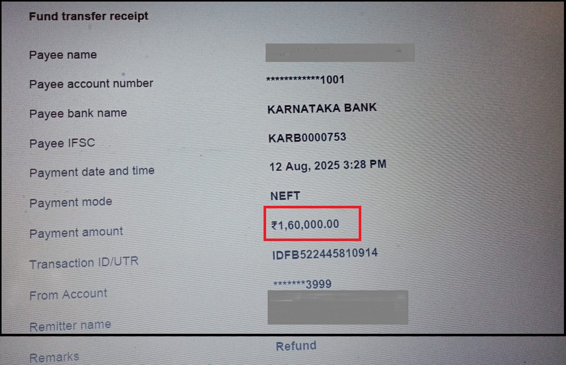 Proof of ₹1,60,000 refund transaction for stock advisory recovery case