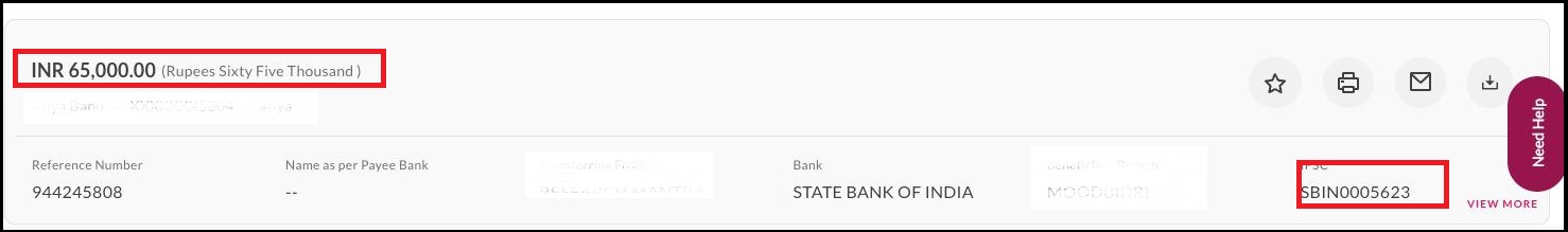Bank transfer statement showing ₹65,000 refund credit from advisory firm