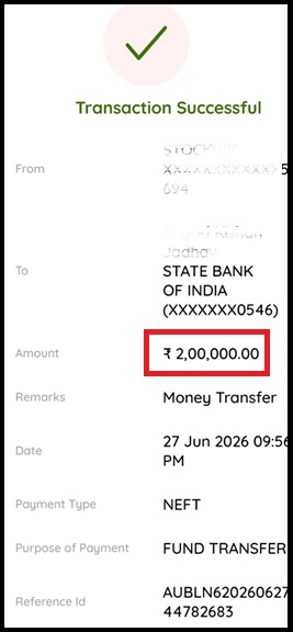 Image Metadata for Image (7) Alt Text: Bank account transfer statement showing ₹2,00,000 refund credit for advisory fee recovery